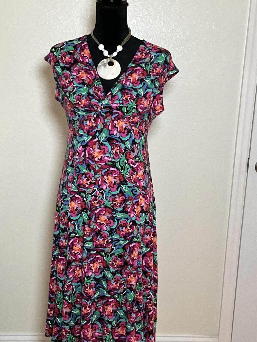 Talbots SP Floral Jersey Midi Dress V-Neck Cap Sleeve A-Line Ruched  Multicolor